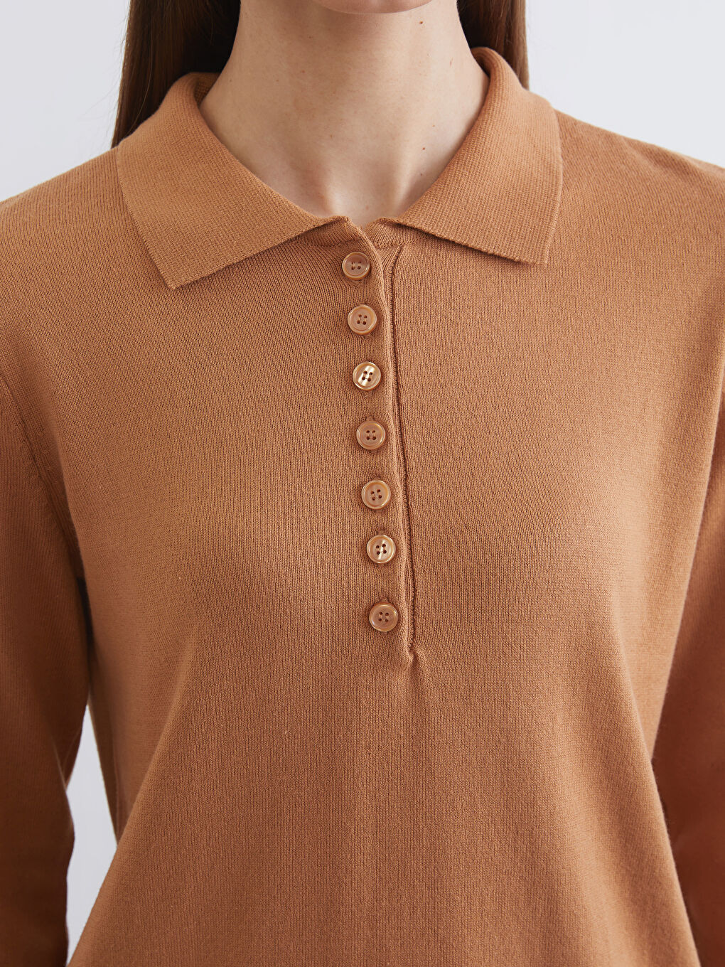 Kahverengi Polo Yaka Kadın Triko Kazak-2