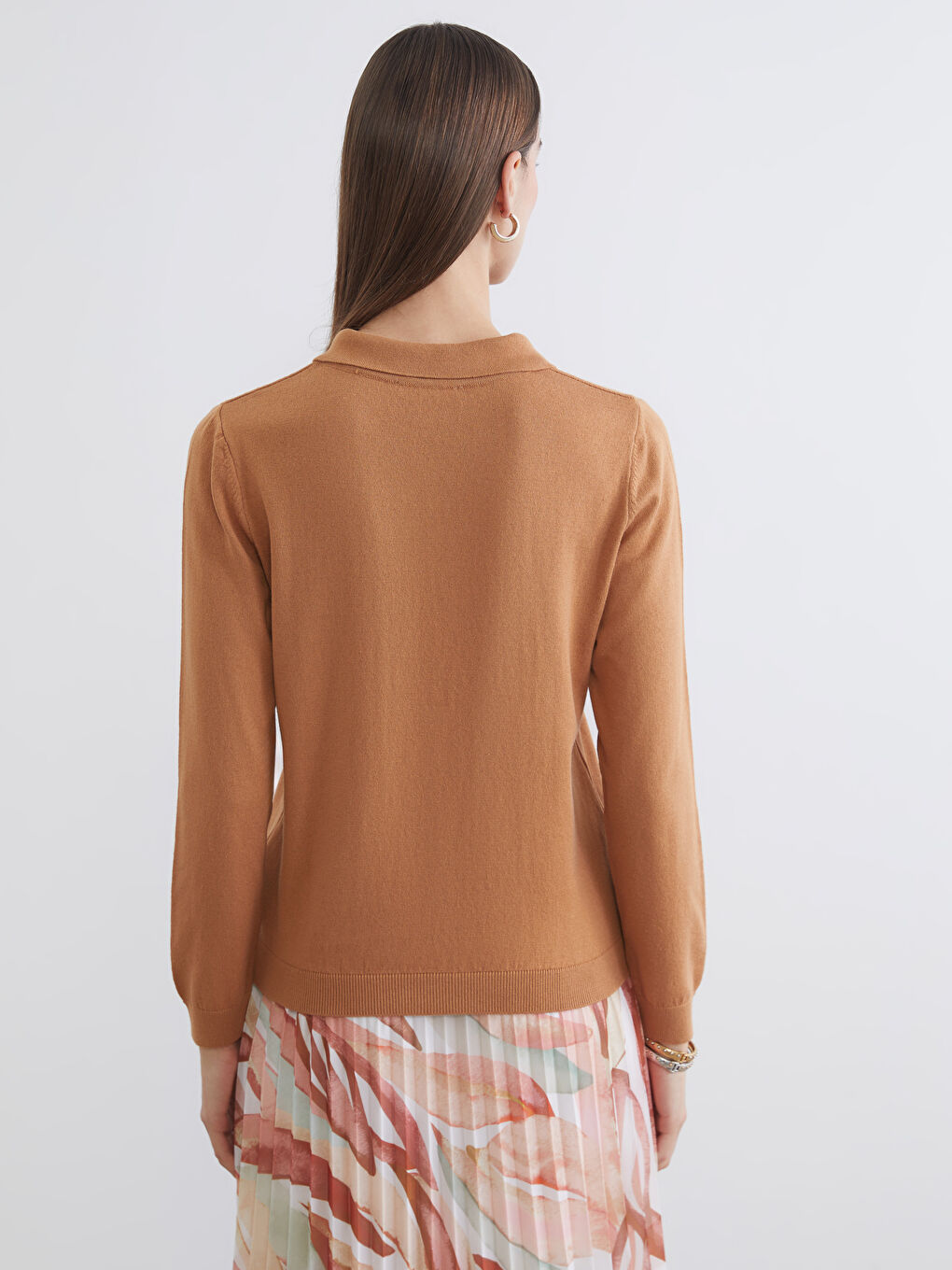 Kahverengi Polo Yaka Kadın Triko Kazak-3