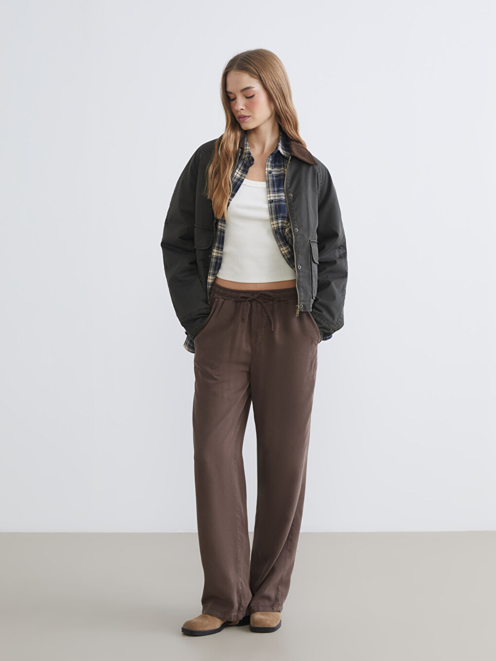 Kahverengi Beli Lastikli Geniş Paça Kadın Pantolon