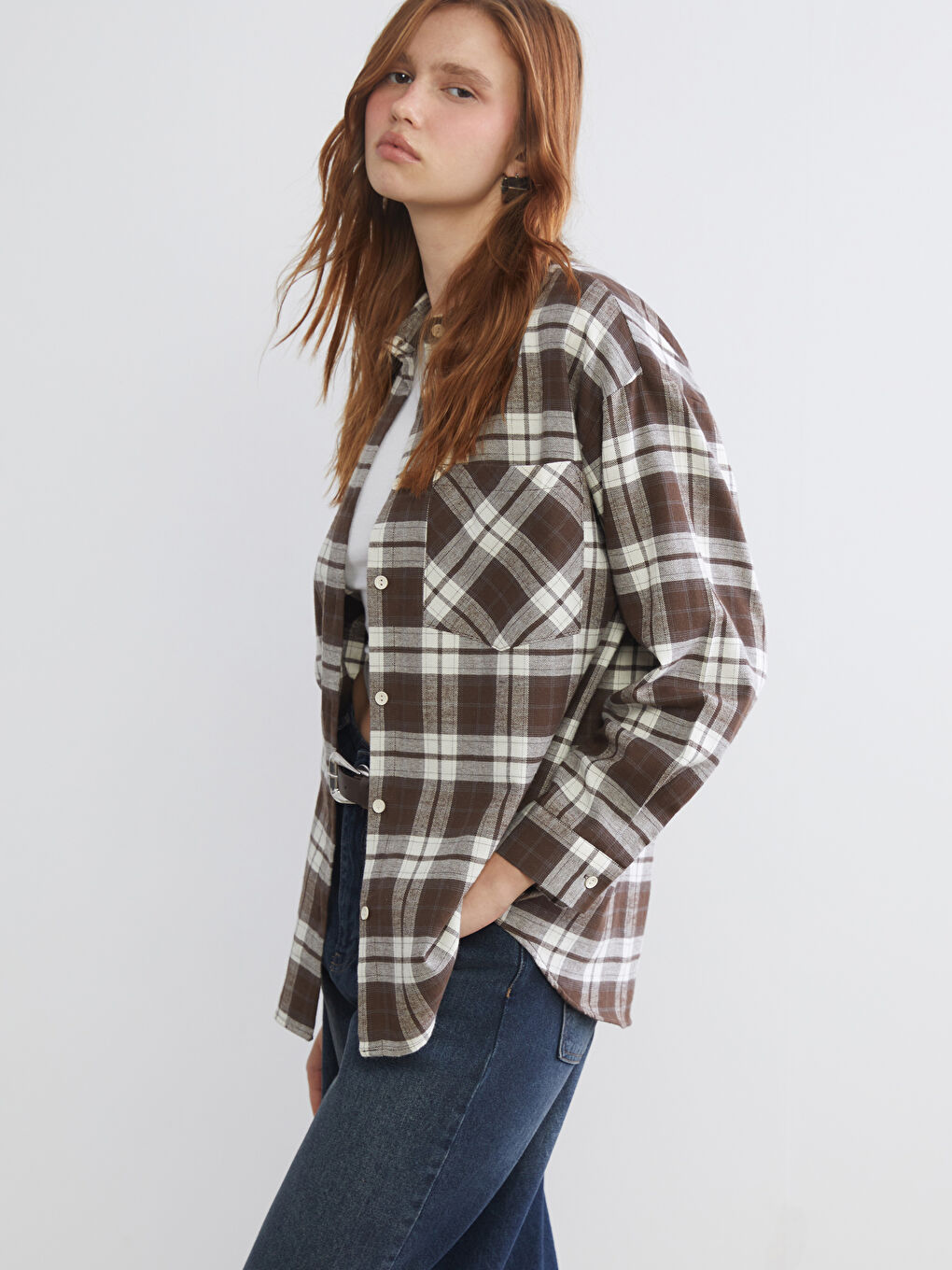 Kahverengi Ekose Oversize Kadın Gömlek