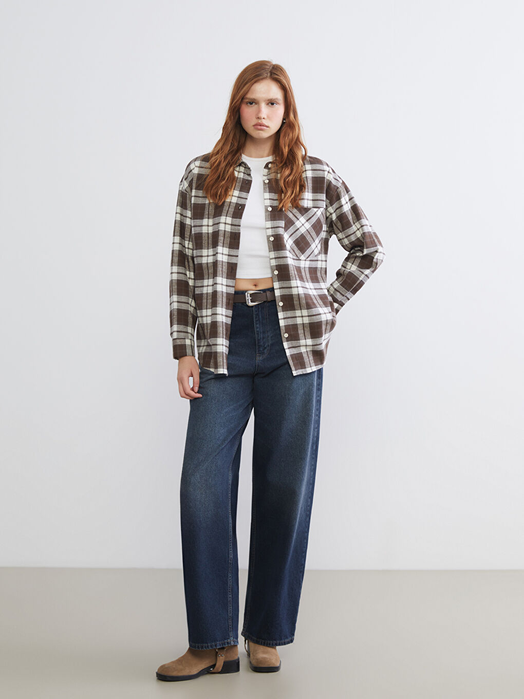 Kahverengi Ekose Oversize Kadın Gömlek-1