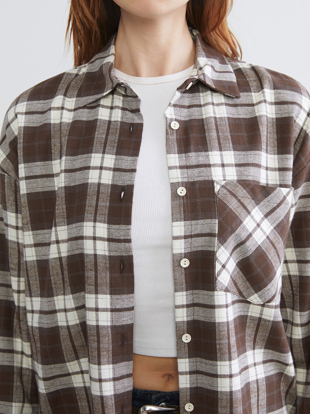 Kahverengi Ekose Oversize Kadın Gömlek-2