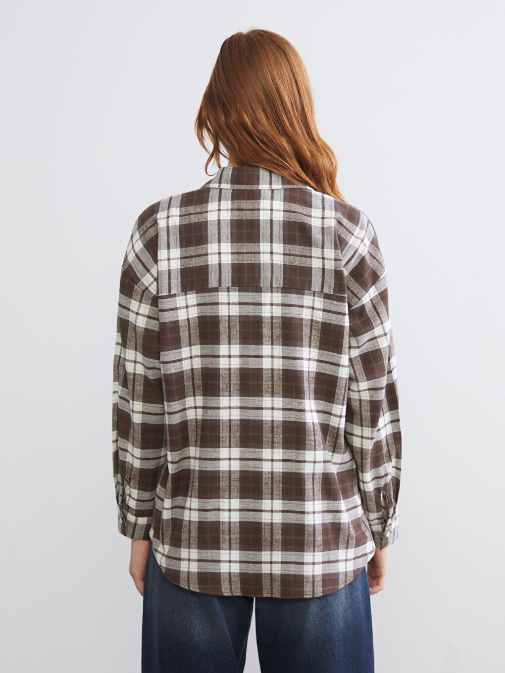 Kahverengi Ekose Oversize Kadın Gömlek-3