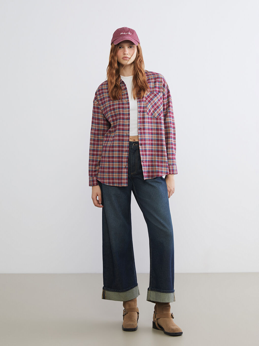 Bordo Ekose Oversize Kadın Oduncu Gömlek-1