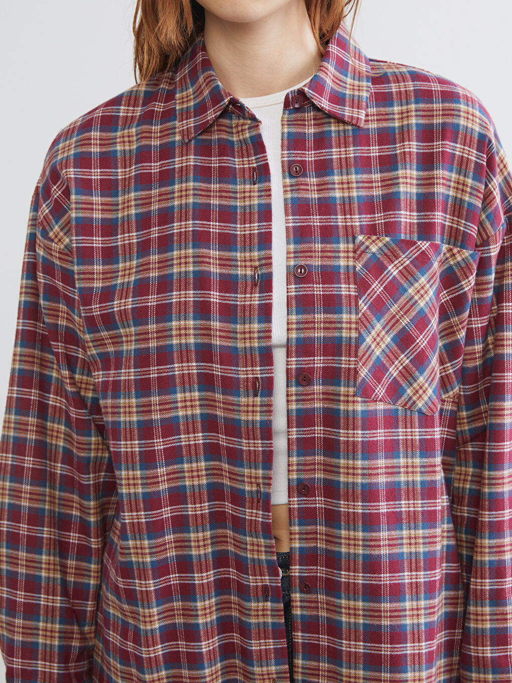 Bordo Ekose Oversize Kadın Oduncu Gömlek-2