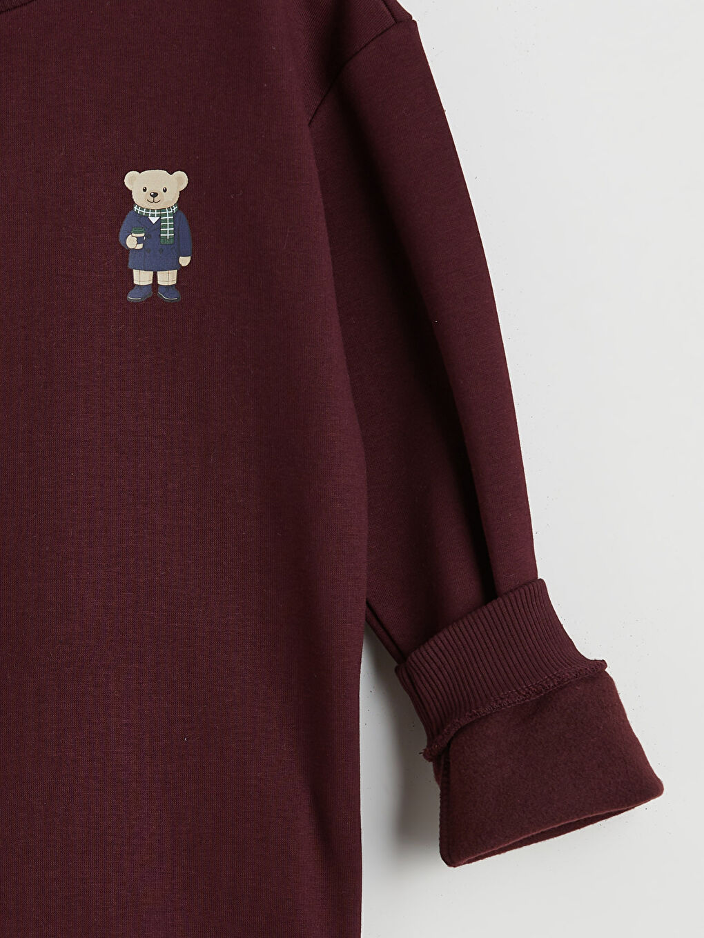 Bordo Bisiklet Yaka Ayı Teddy Baskılı Erkek Çocuk Kalın Sweatshirt-3