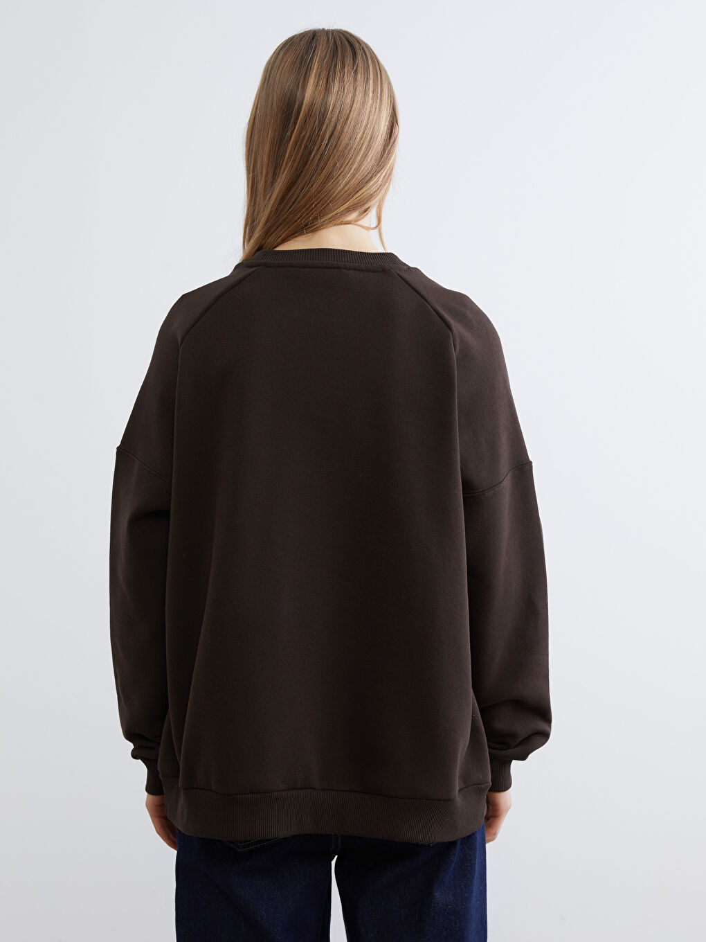 Kahverengi Bisiklet Yaka Kadın Kalın Sweatshirt-3