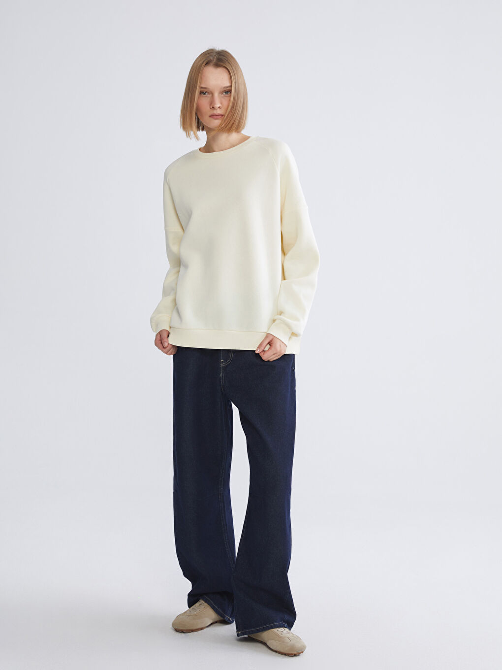 Sarı Bisiklet Yaka Kadın Kalın Sweatshirt-1