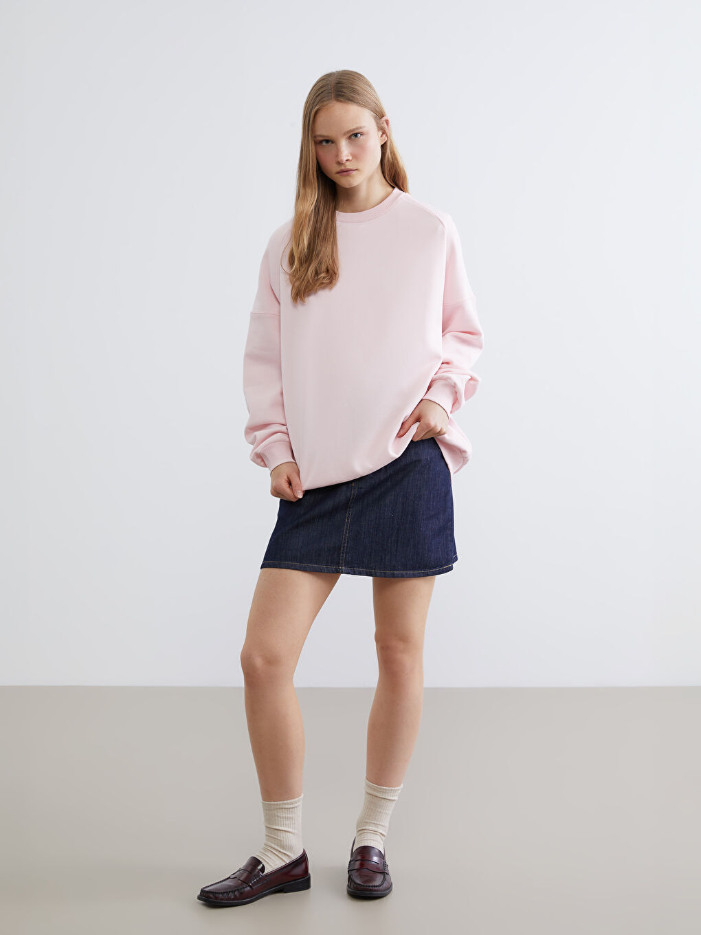 Pembe Bisiklet Yaka Kadın Kalın Sweatshirt-1