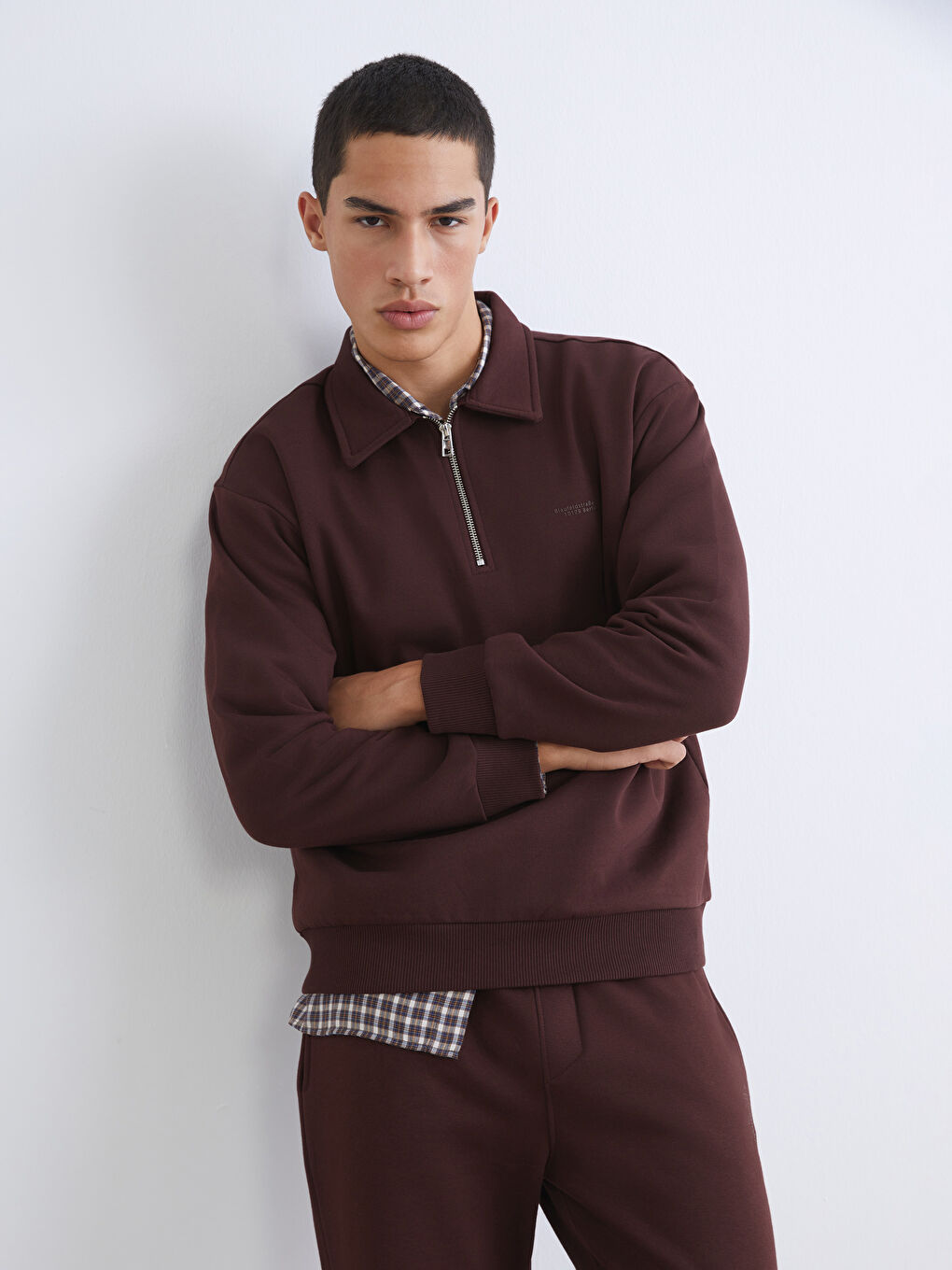 Bordo Polo Yaka Baskılı Erkek Kalın Sweatshirt