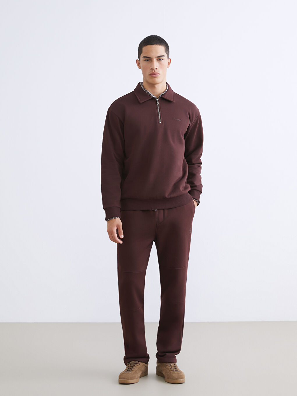 Bordo Polo Yaka Baskılı Erkek Kalın Sweatshirt-1
