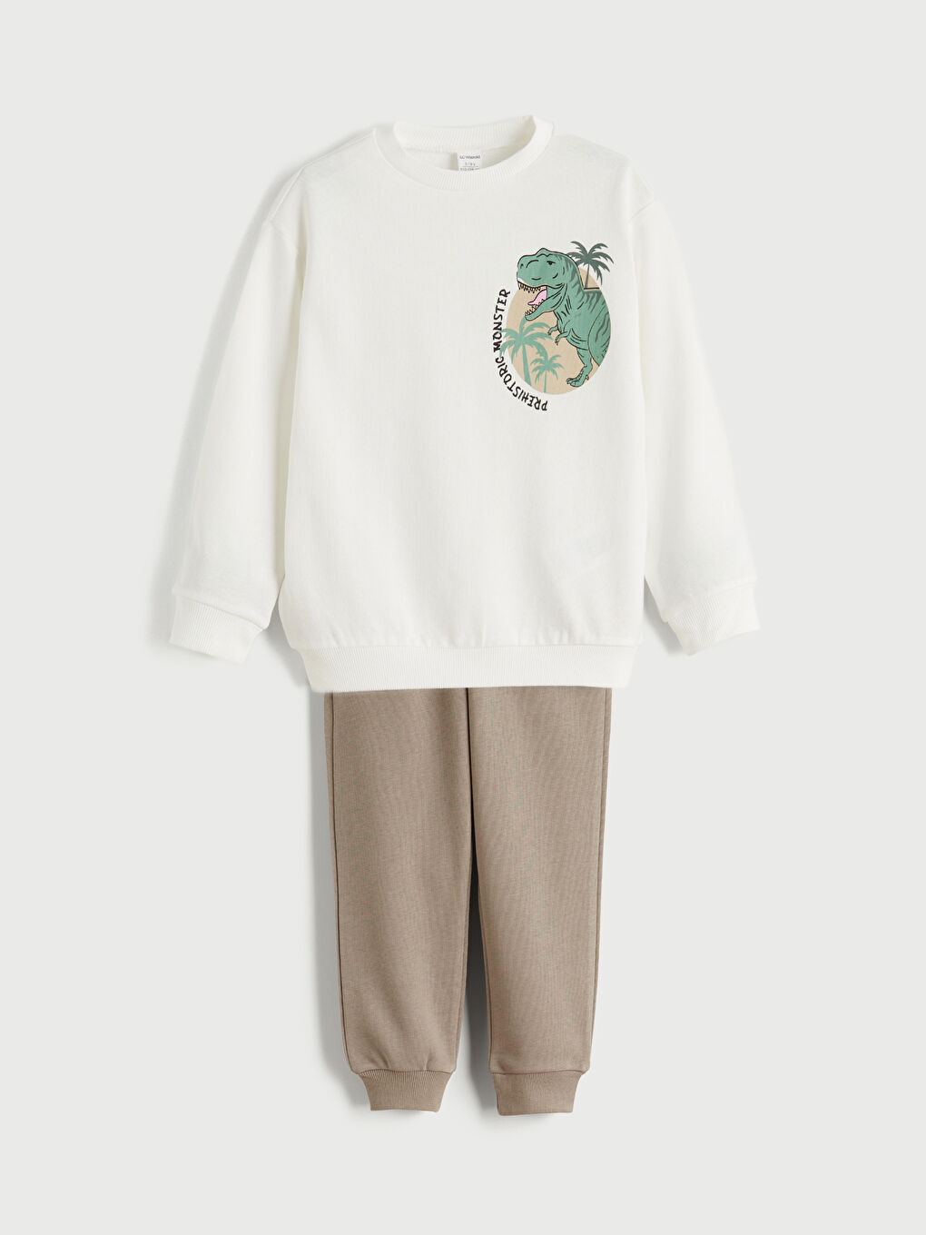 Bej Dinozor Baskılı Erkek Çocuk Sweatshirt ve Eşofman Alt-2