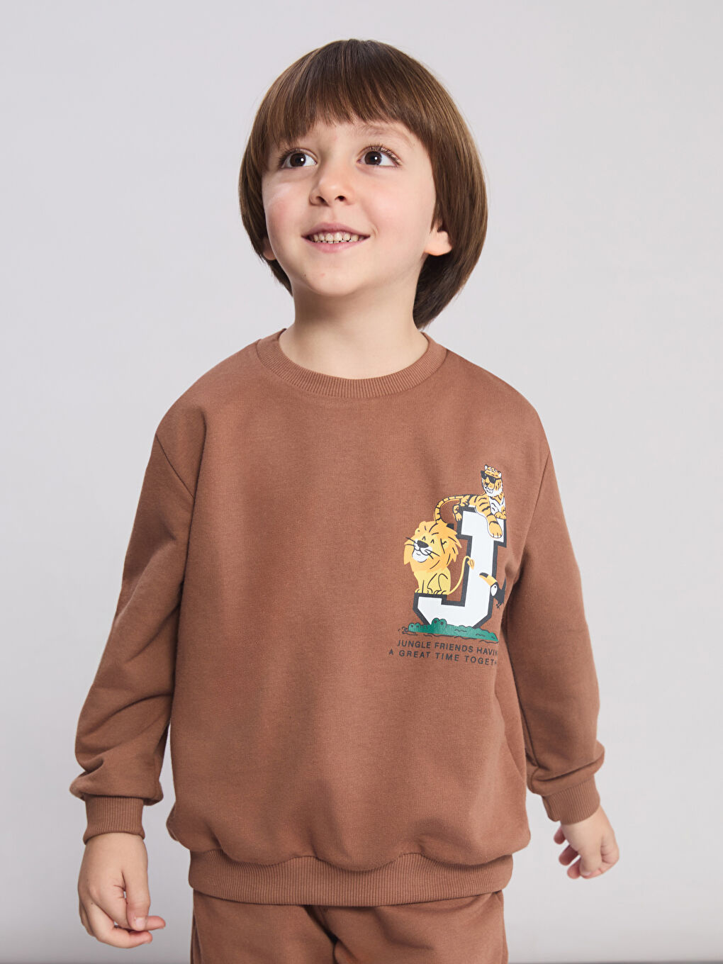 Kahverengi Baskılı Erkek Çocuk Sweatshirt ve Eşofman Altı