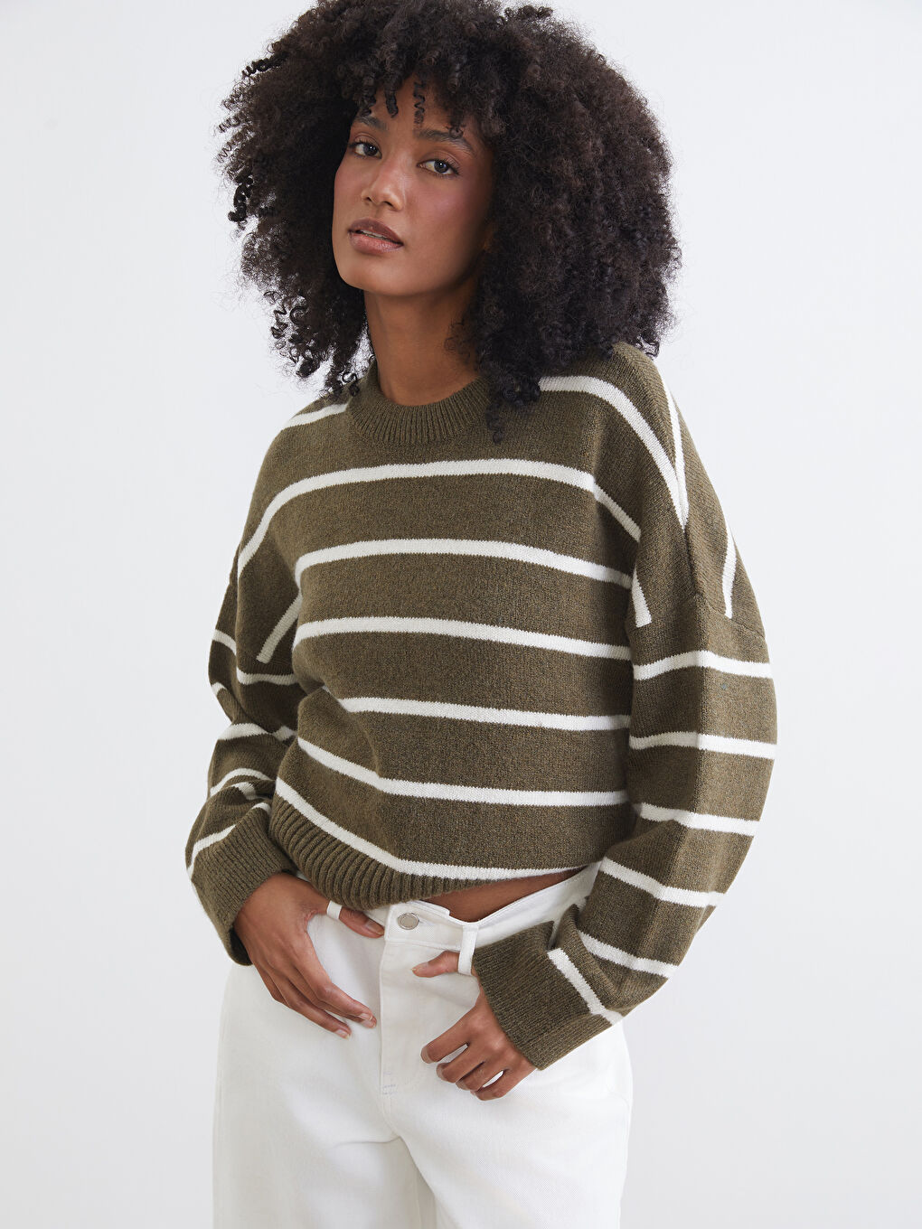 Crew Neck Striped Oversize Women's Knitwear Sweater