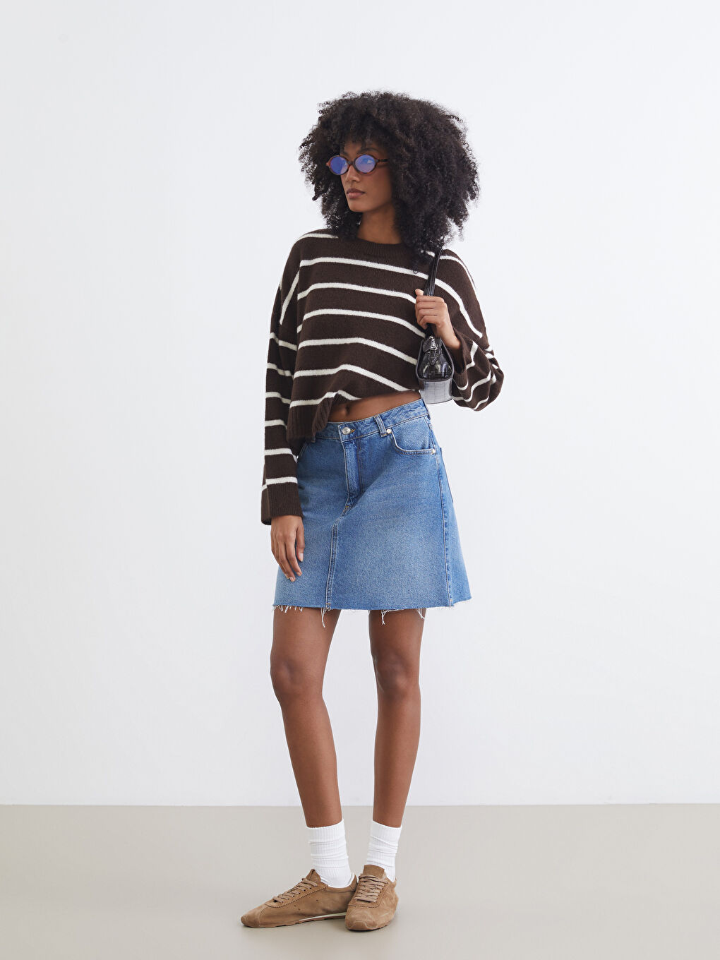 Kahverengi Bisiklet Yaka Çizgili Oversize Kadın Triko Kazak-1