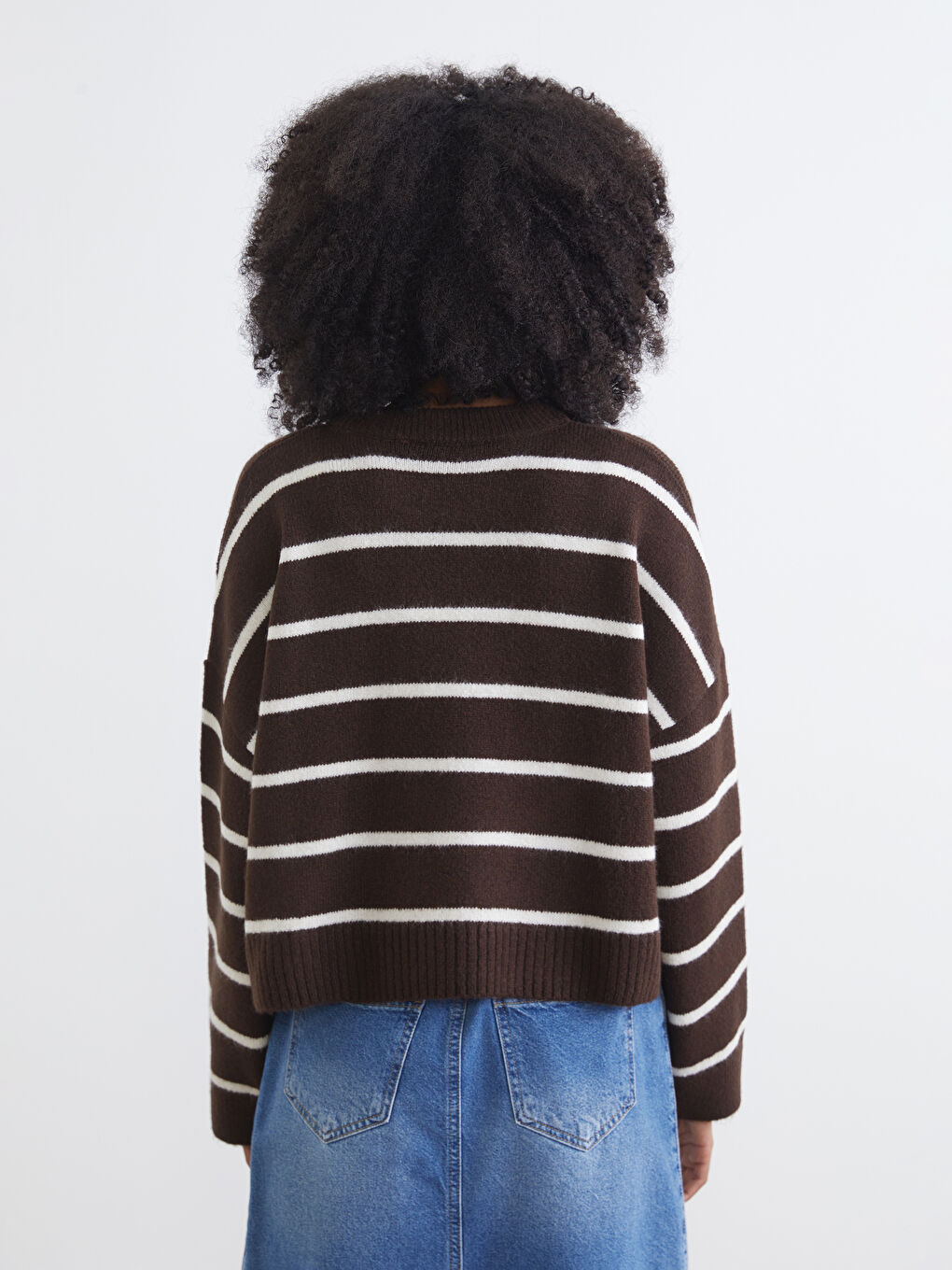 Kahverengi Bisiklet Yaka Çizgili Oversize Kadın Triko Kazak-3