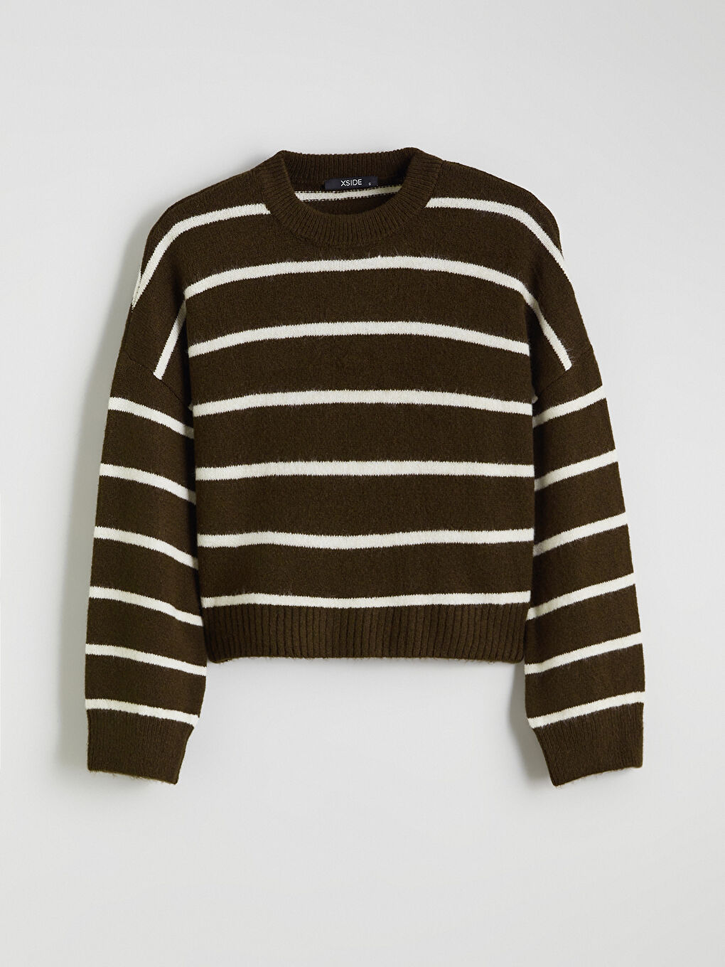 Kahverengi Bisiklet Yaka Çizgili Oversize Kadın Triko Kazak-4