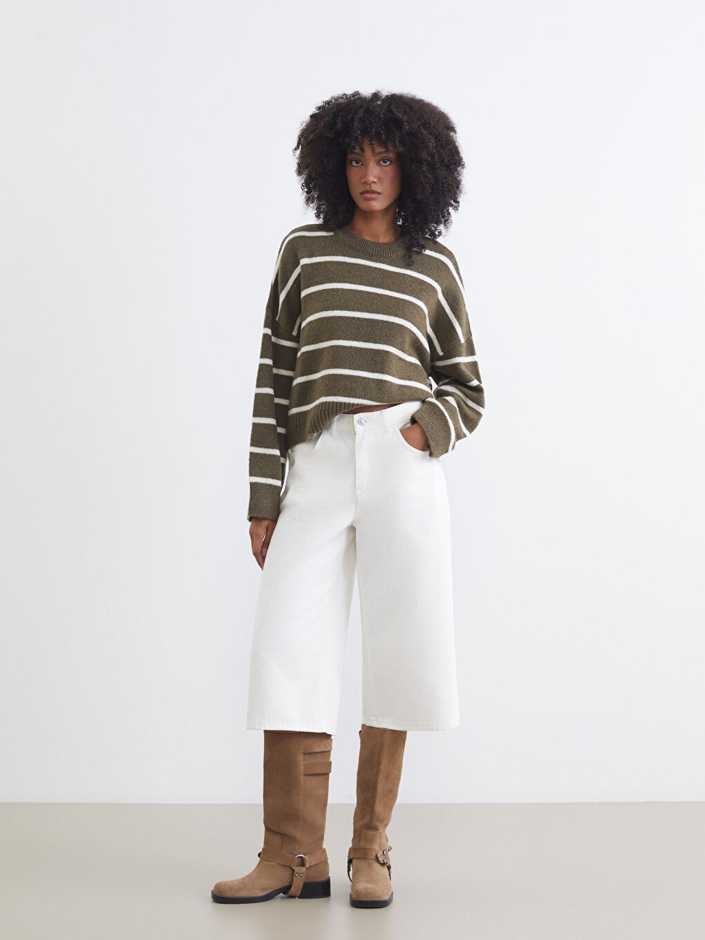 Haki Bisiklet Yaka Çizgili Oversize Kadın Triko Kazak-1