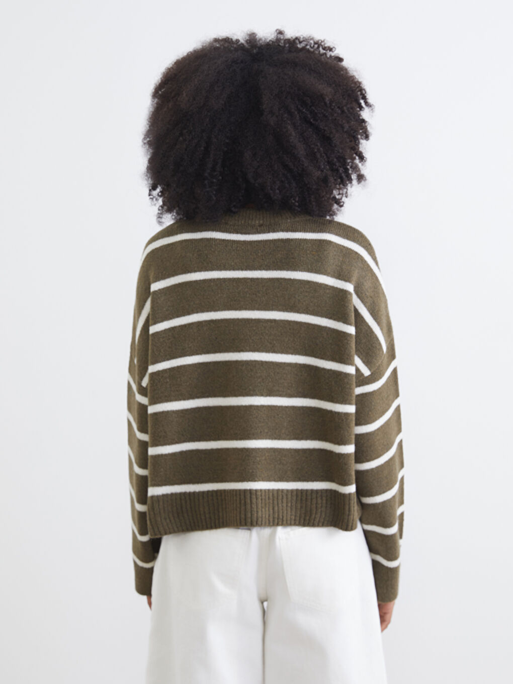 Haki Bisiklet Yaka Çizgili Oversize Kadın Triko Kazak-3