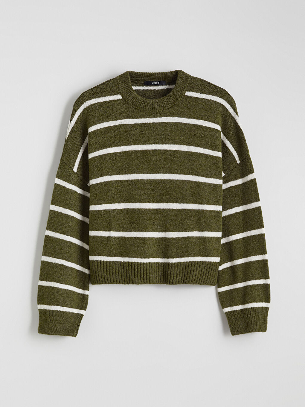 Haki Bisiklet Yaka Çizgili Oversize Kadın Triko Kazak-4