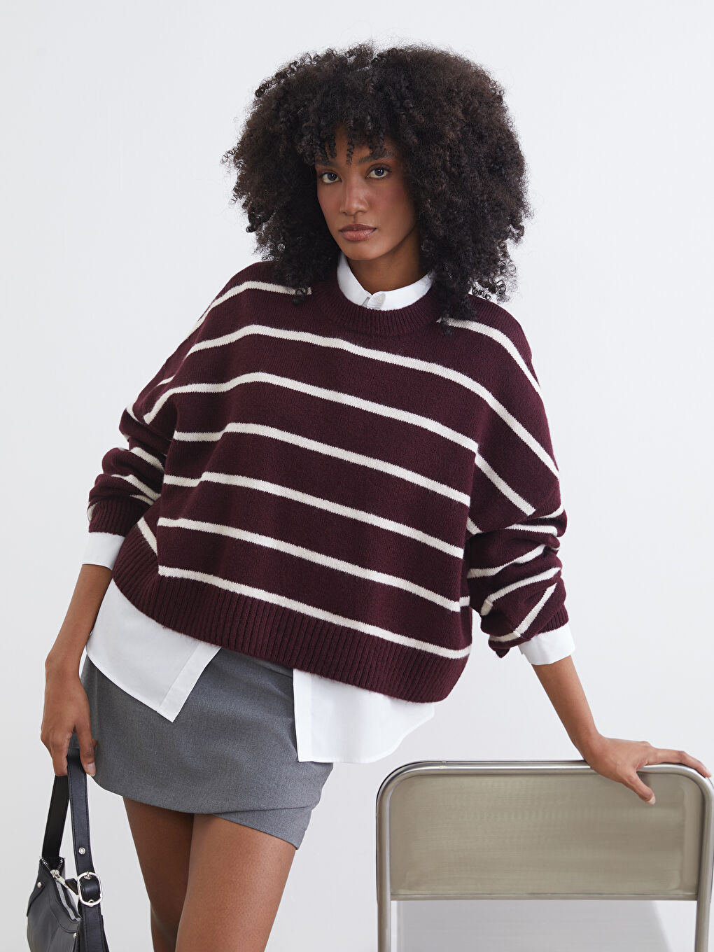 Bordo Bisiklet Yaka Çizgili Oversize Kadın Triko Kazak