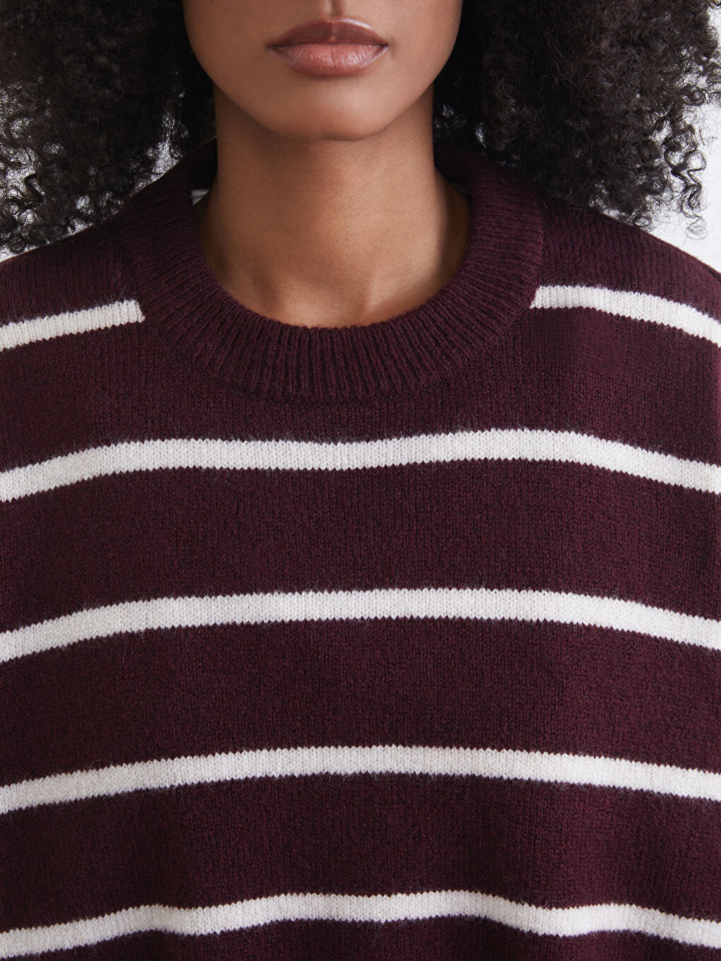 Bordo Bisiklet Yaka Çizgili Oversize Kadın Triko Kazak-2
