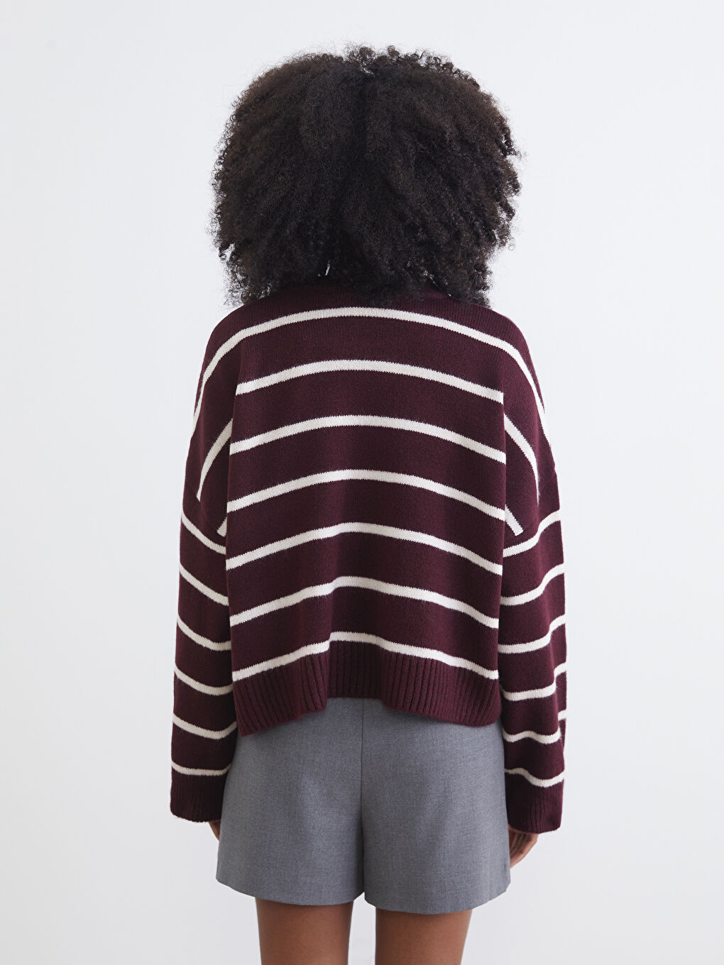 Bordo Bisiklet Yaka Çizgili Oversize Kadın Triko Kazak-3