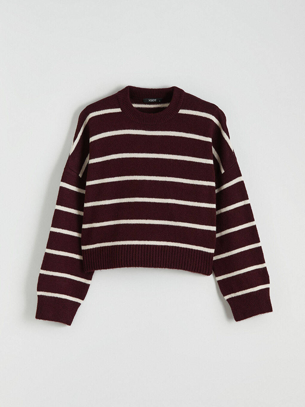 Bordo Bisiklet Yaka Çizgili Oversize Kadın Triko Kazak-4