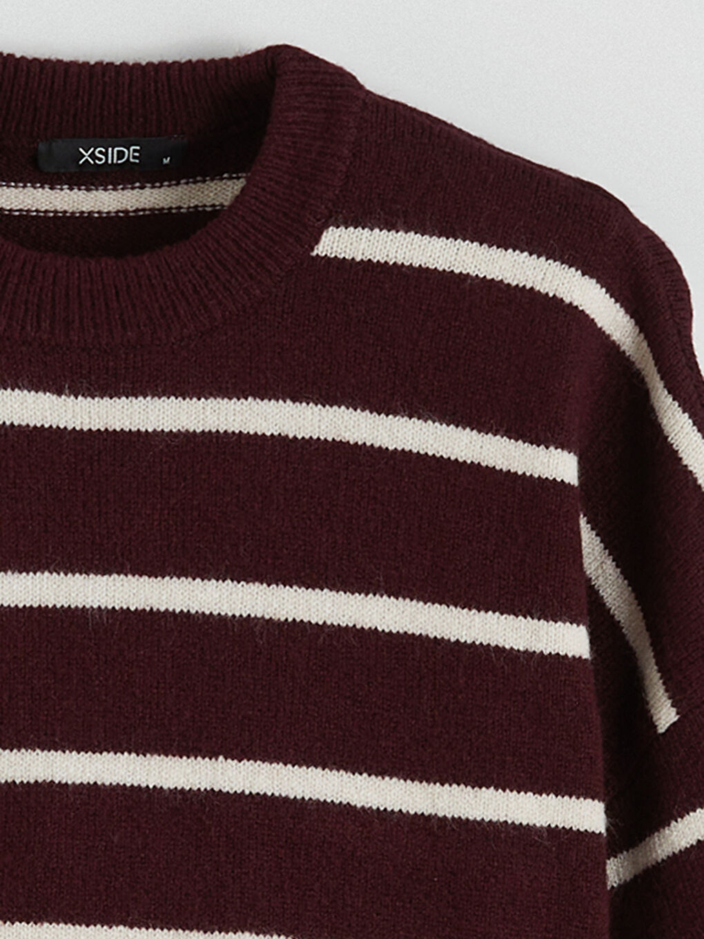 Bordo Bisiklet Yaka Çizgili Oversize Kadın Triko Kazak-5