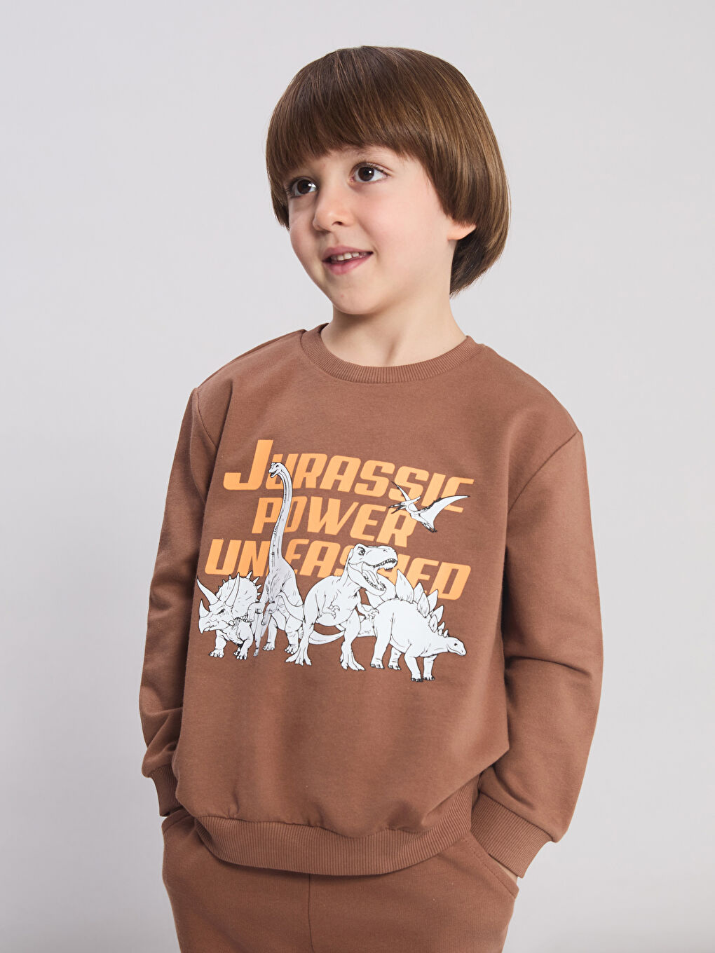 Kahverengi Dinozor Baskılı Erkek Çocuk Sweatshirt ve Eşofman Alt