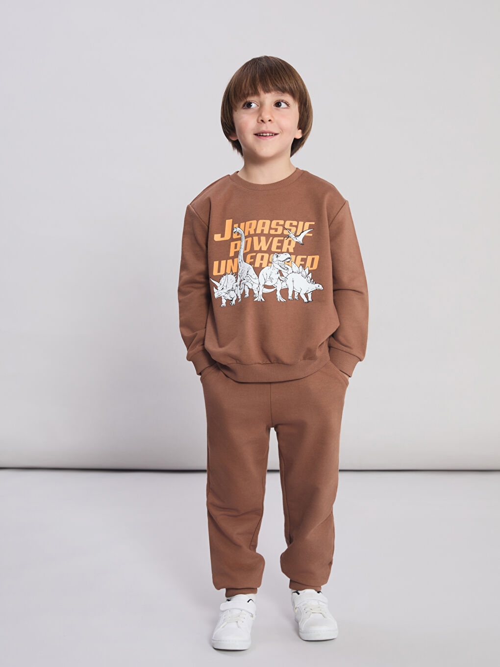Kahverengi Dinozor Baskılı Erkek Çocuk Sweatshirt ve Eşofman Alt-1