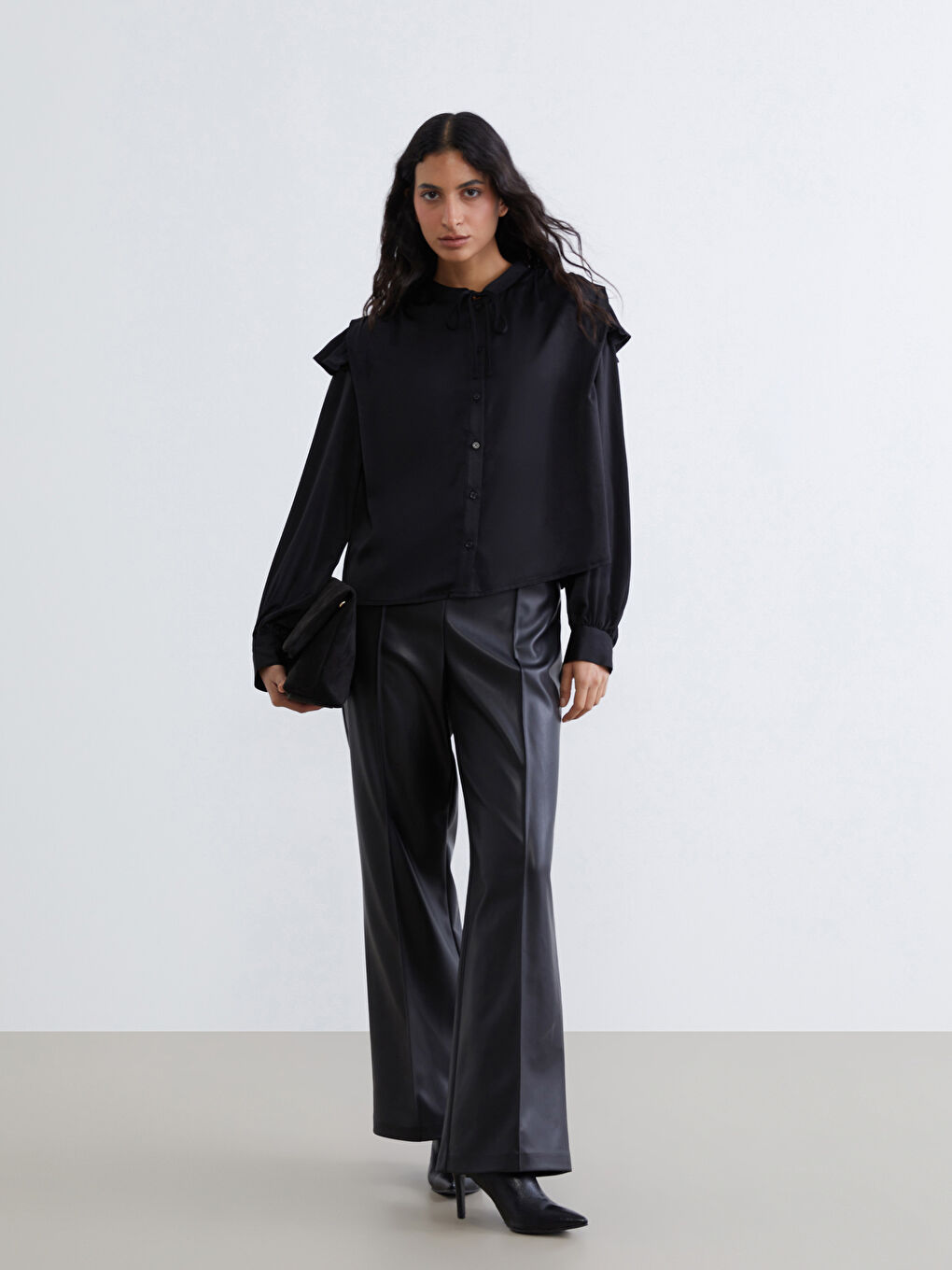 Grandad Collar Frilled Satin Blouse-1