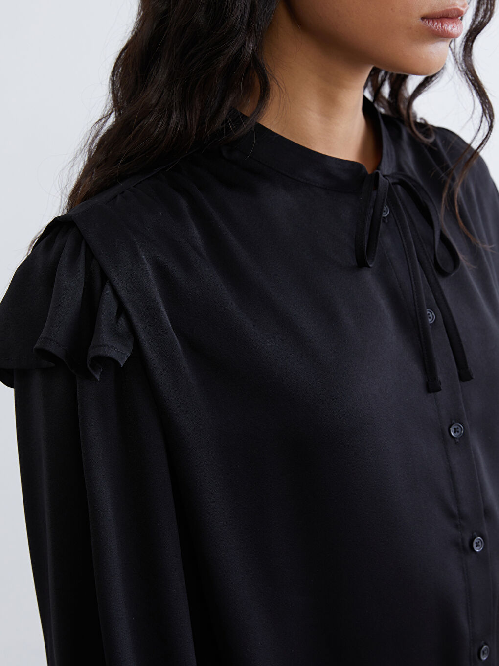 Grandad Collar Frilled Satin Blouse-2