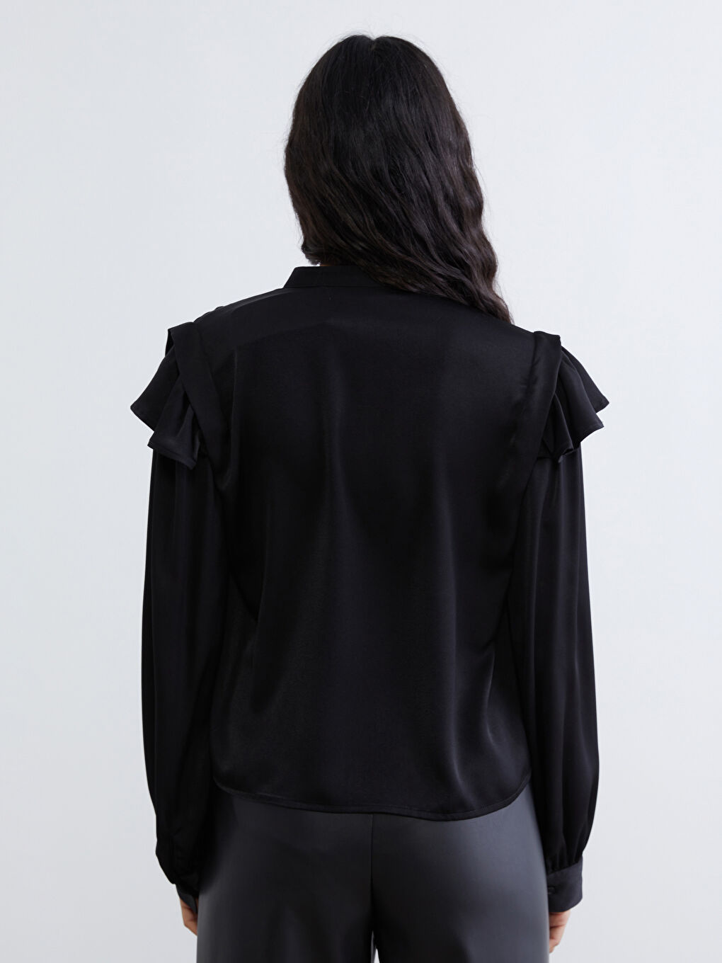 Grandad Collar Frilled Satin Blouse-3