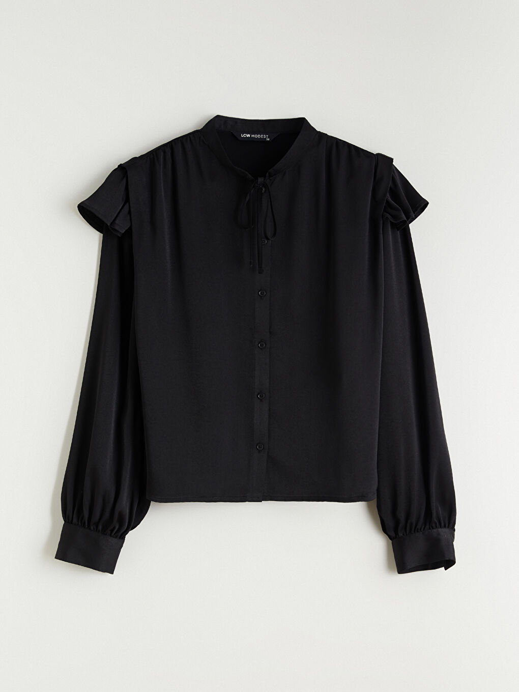 Grandad Collar Frilled Satin Blouse-4
