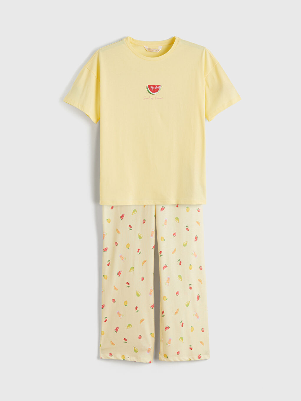 Ekru Bisiklet Yaka Baskılı Kadın Pijama Takımı-4