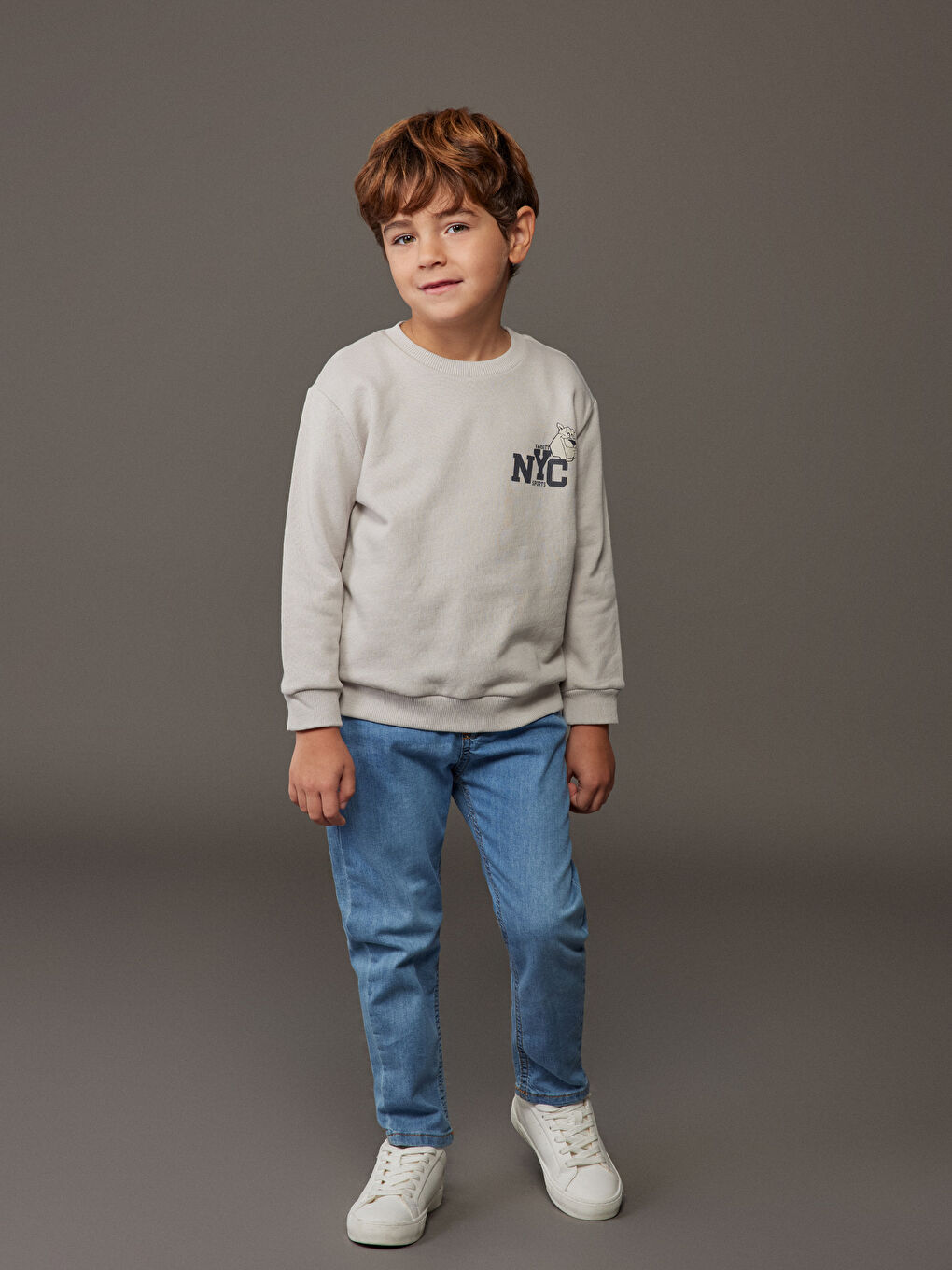 Gri Bisiklet Yaka Erkek Çocuk Sweatshirt-1