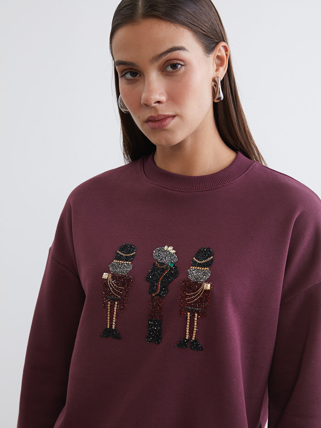 Mürdüm İşlemeli Kadın Kalın Sweatshirt Tunik