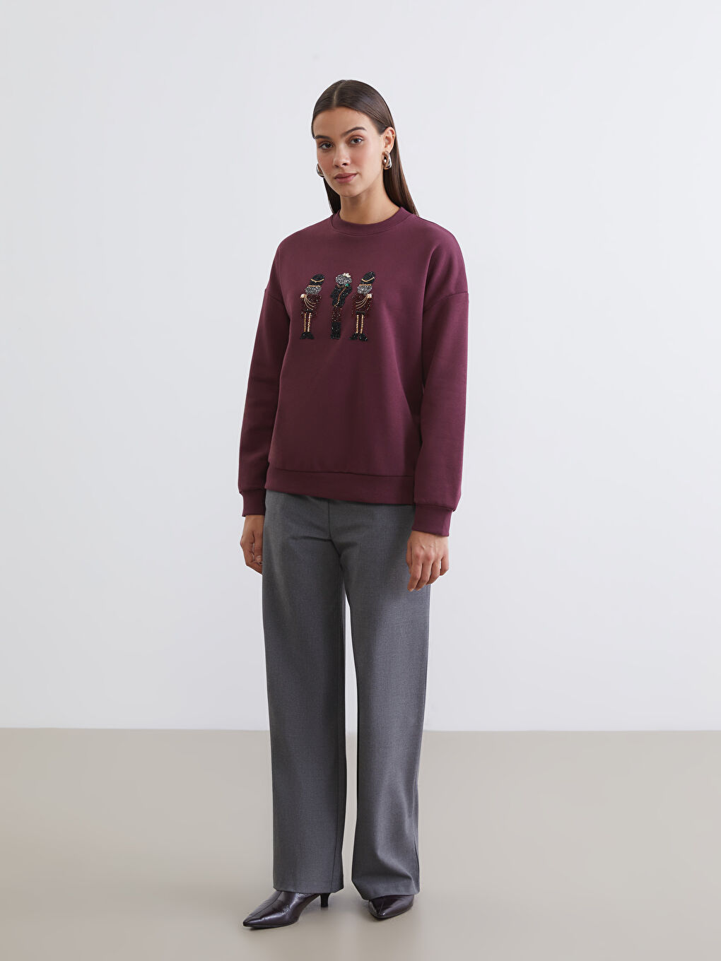 Mürdüm İşlemeli Kadın Kalın Sweatshirt Tunik-1