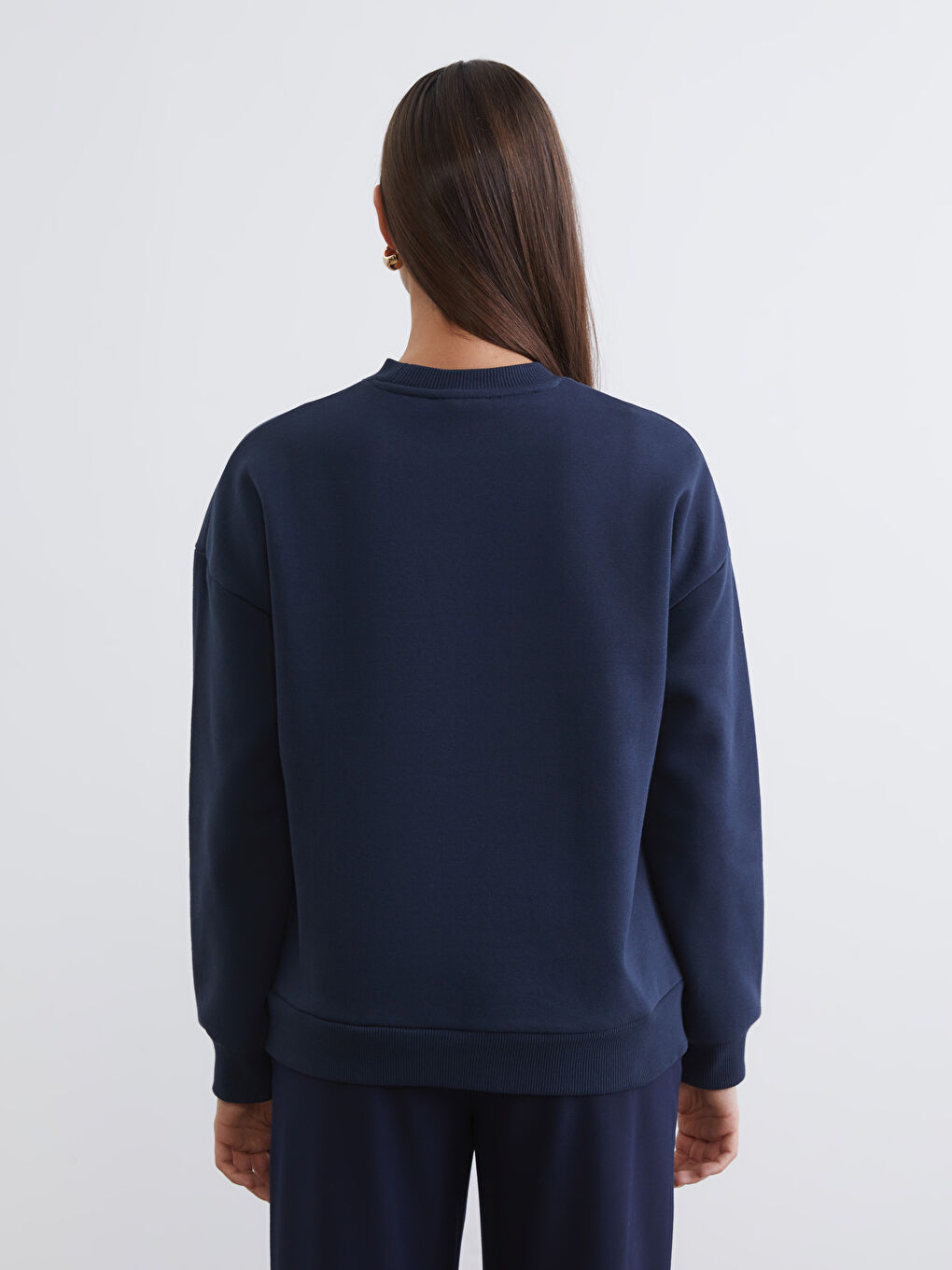 Lacivert İşlemeli Kadın Kalın Sweatshirt Tunik-3