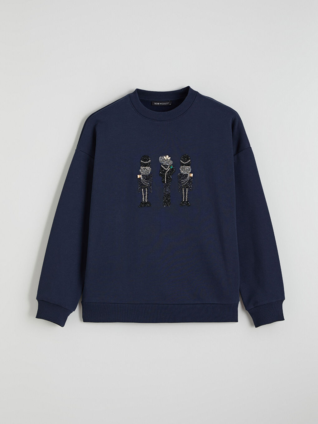 Lacivert İşlemeli Kadın Kalın Sweatshirt Tunik-4