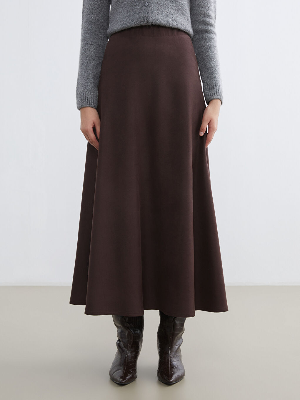 Kahverengi Beli Lastikli Kloş Etek-1