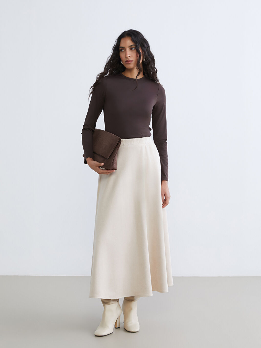 Bej Beli Lastikli Kloş Etek