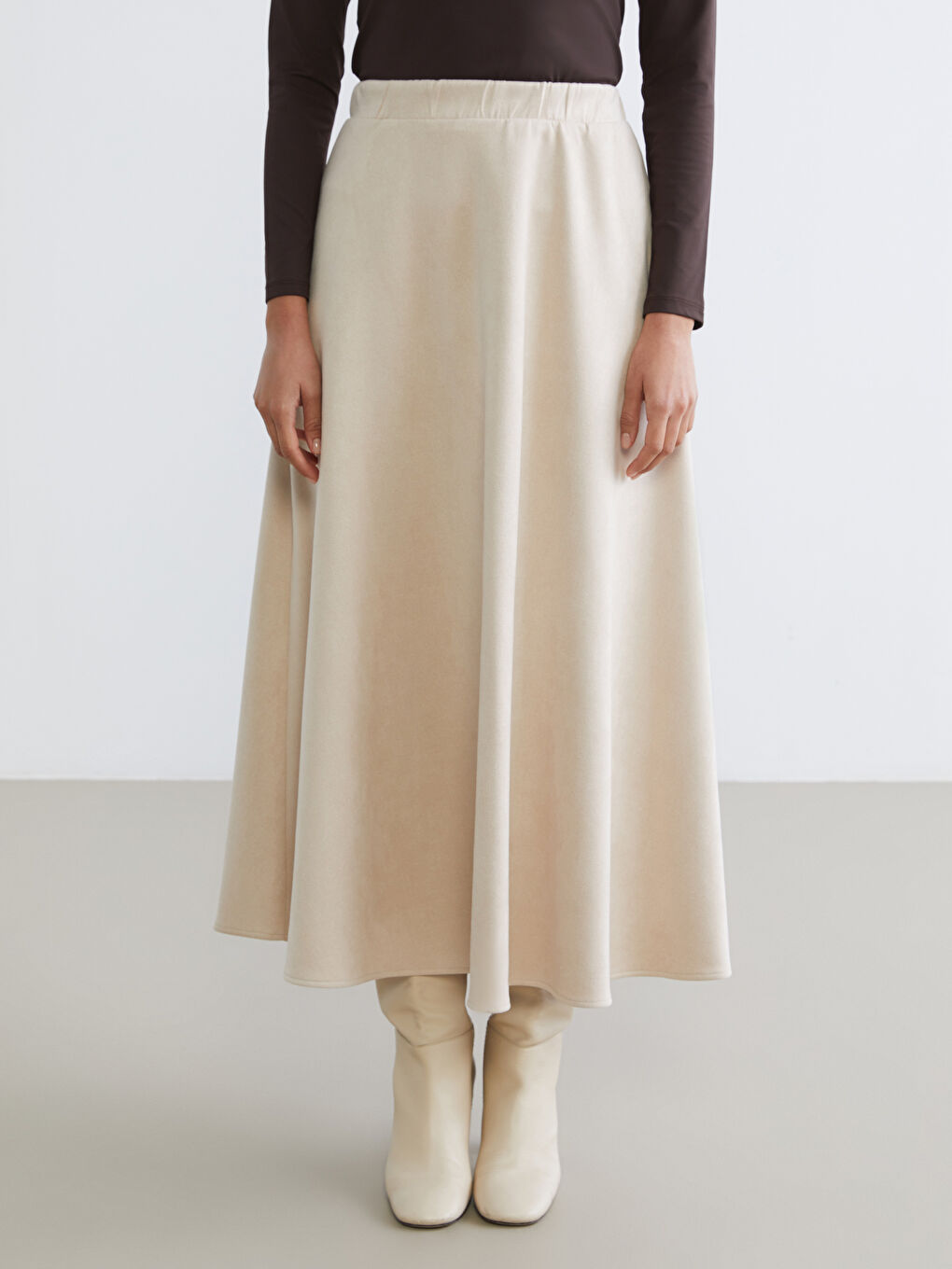 Bej Beli Lastikli Kloş Etek-1