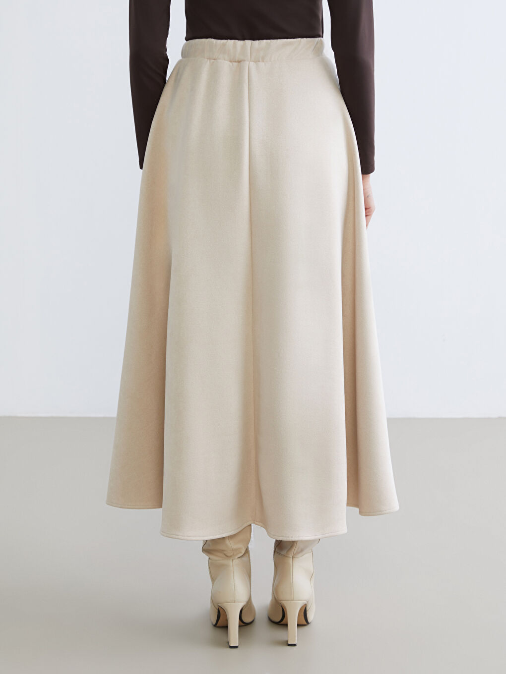 Bej Beli Lastikli Kloş Etek-3