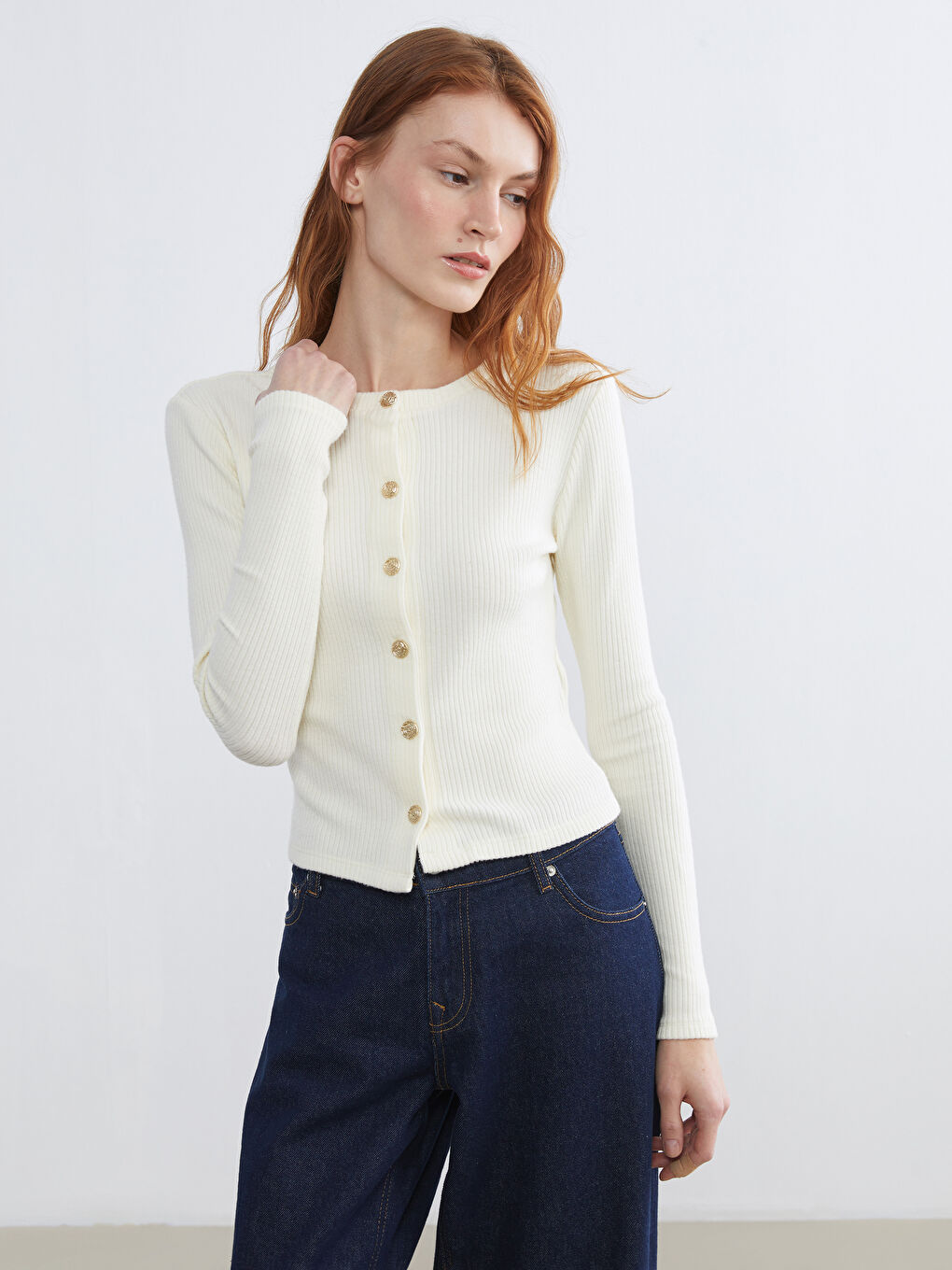 Ekru Bisiklet Yaka Kadın Hırka