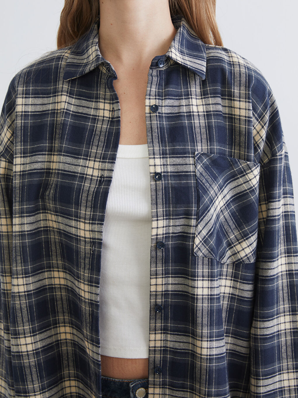 Lacivert Ekose Oversize Kadın Oduncu Gömlek-2