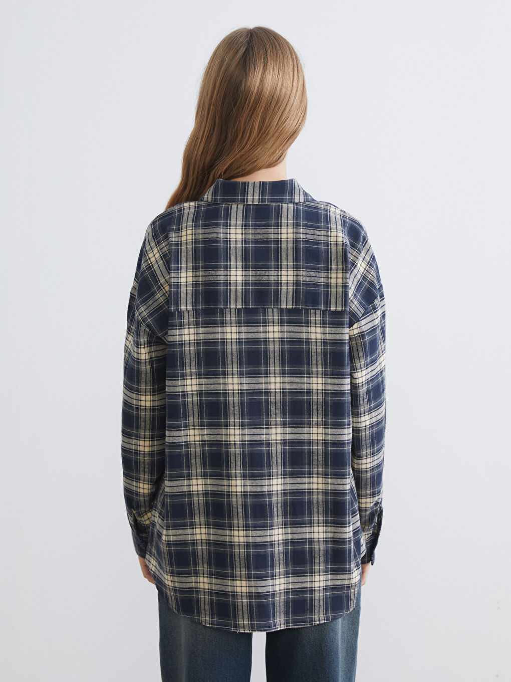 Lacivert Ekose Oversize Kadın Oduncu Gömlek-3