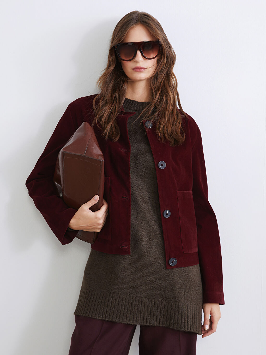 Bordo Gömlek Yaka Kadın Süet Görünümlü Ceket