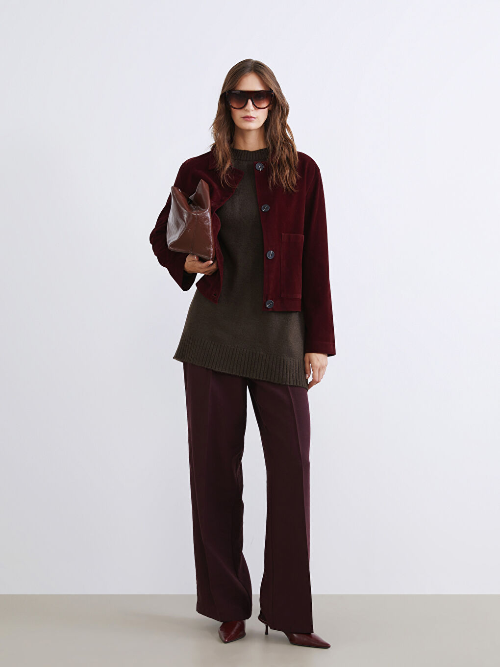 Bordo Gömlek Yaka Kadın Süet Görünümlü Ceket-1